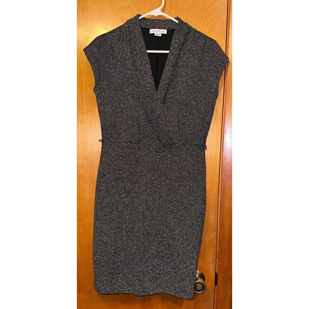 Liz Claiborne Tweed Gray Short Sleeve Faux Wrap Sheath Career Dress Size Small